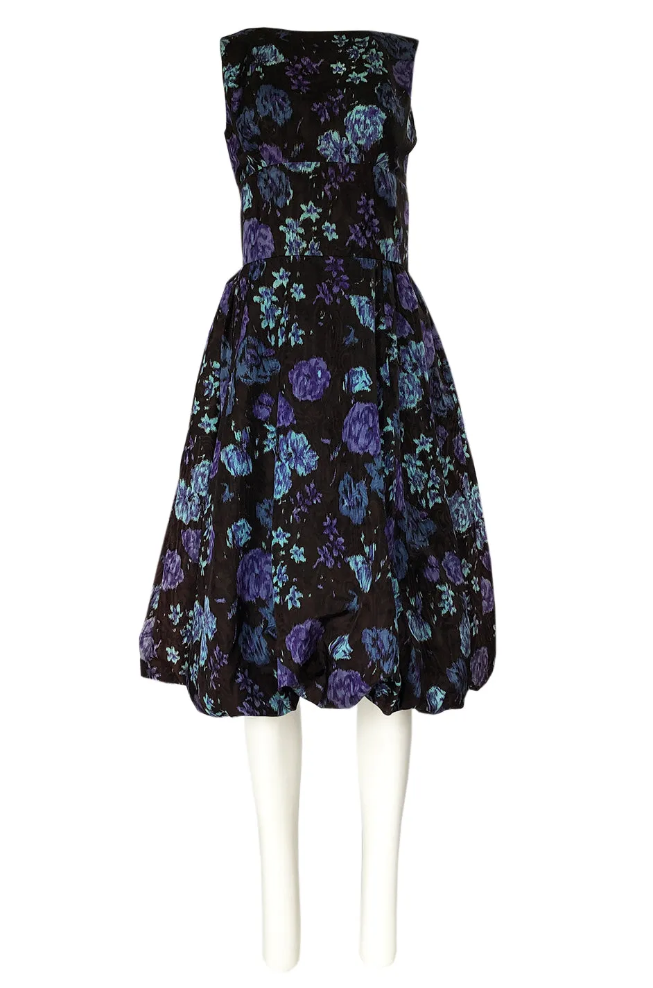 1950s Warped Floral Print Moire Silk Taffeta Bubble Skirt Dress