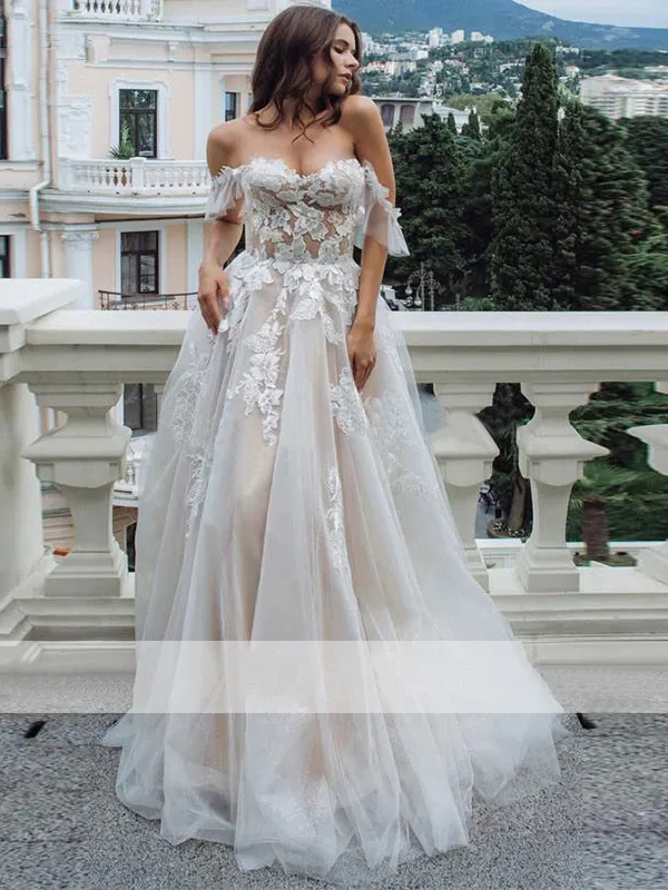 A-line Beach Wedding Dress Boho Appliques With Tulle Wedding Gowns ER2064