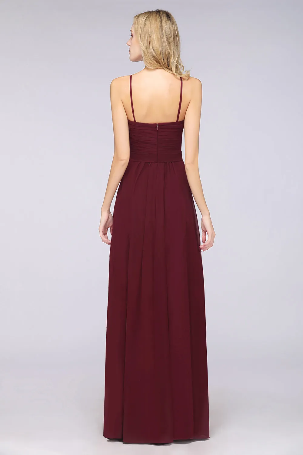 A-Line Chiffon Sweetheart Backless Long Bridesmaid Dress with Ruffles