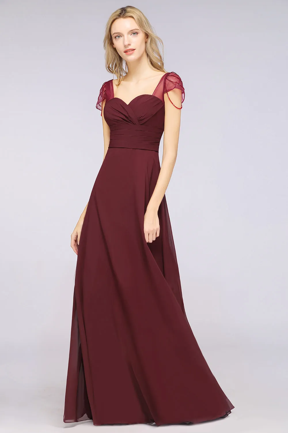 A-Line Chiffon Sweetheart Ruffle Long Bridesmaid Dress with Beadings