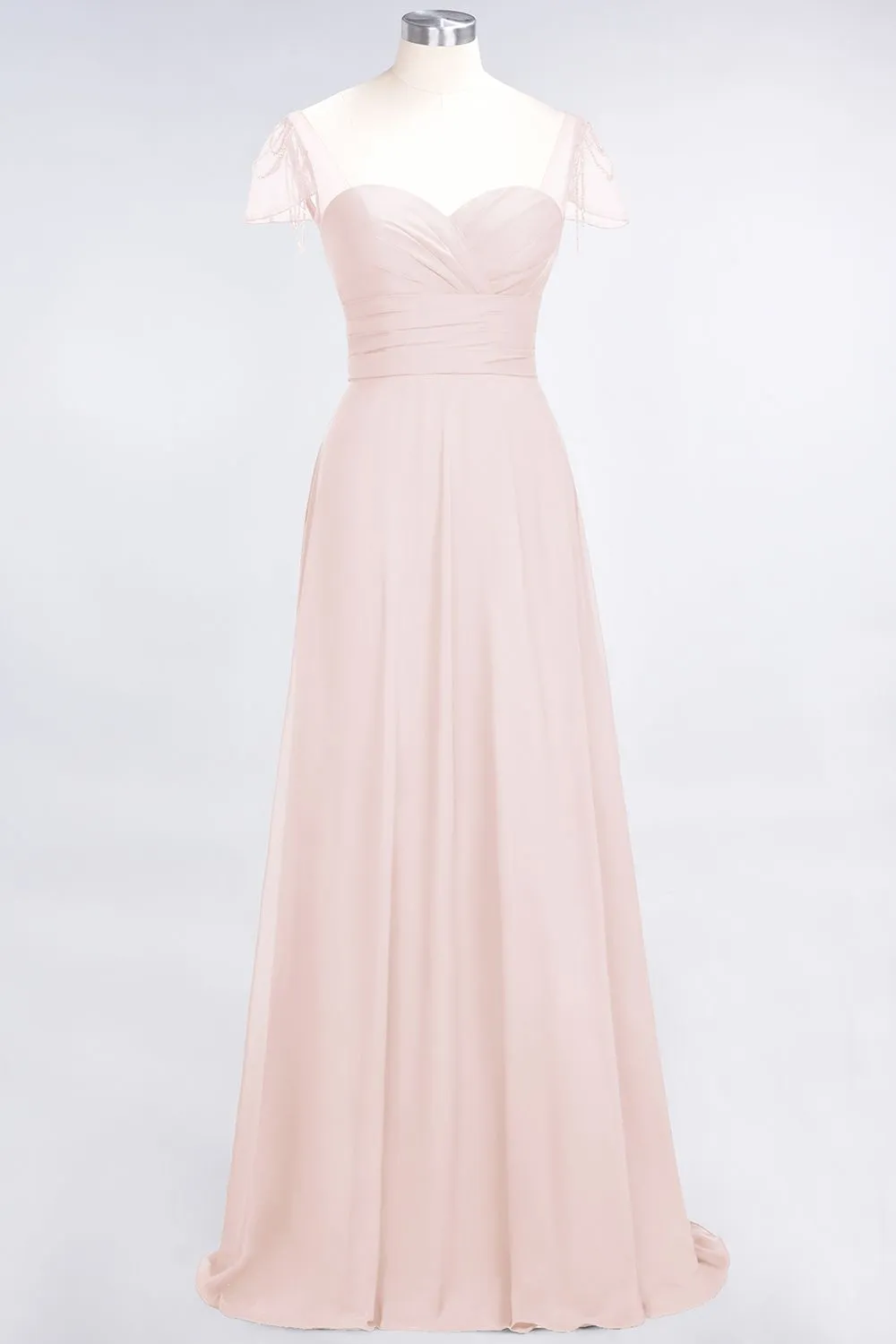 A-Line Chiffon Sweetheart Ruffle Long Bridesmaid Dress with Beadings