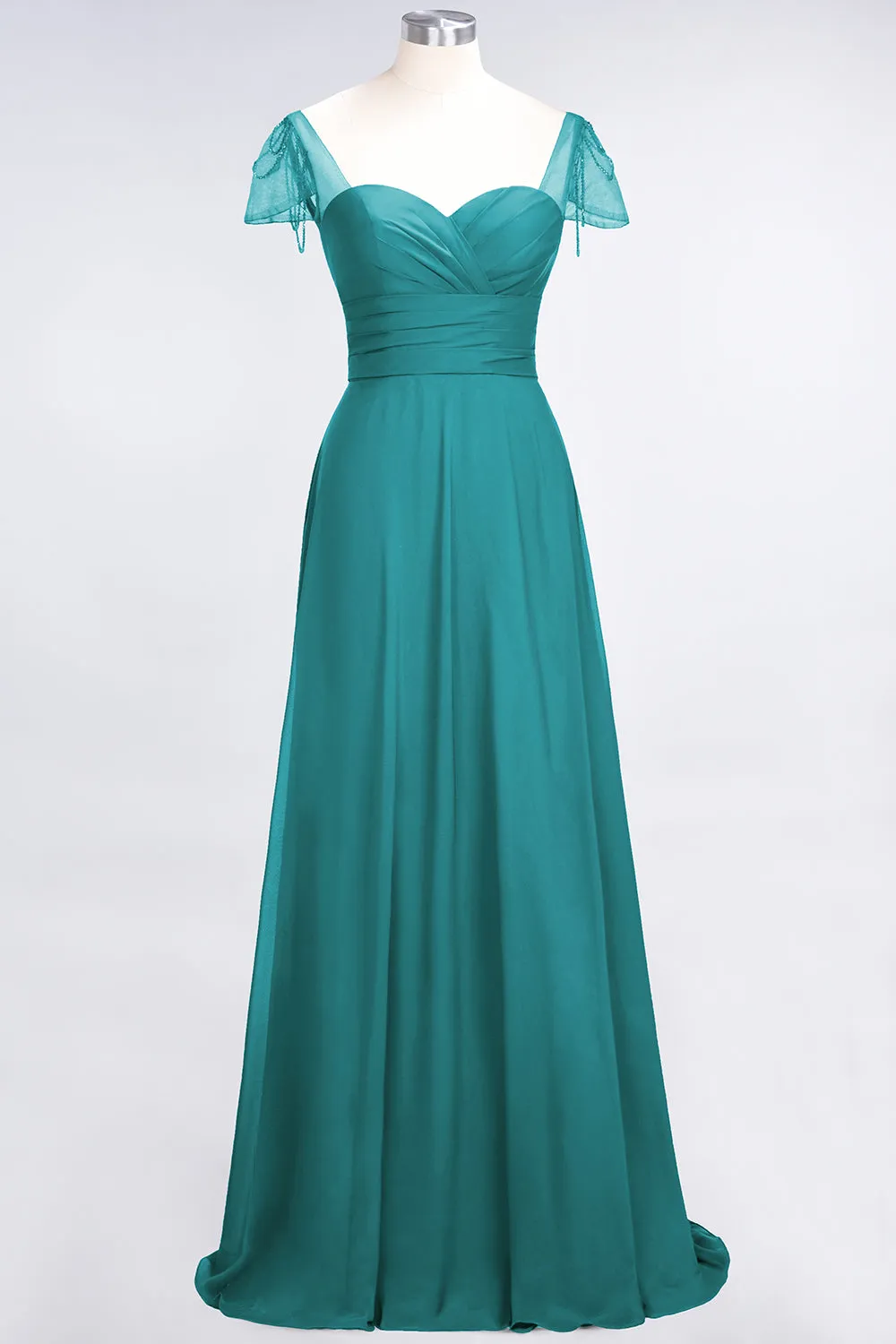 A-Line Chiffon Sweetheart Ruffle Long Bridesmaid Dress with Beadings