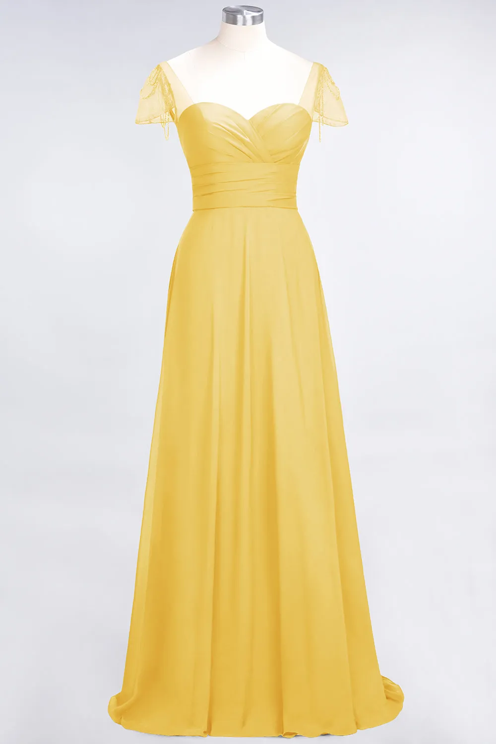 A-Line Chiffon Sweetheart Ruffle Long Bridesmaid Dress with Beadings