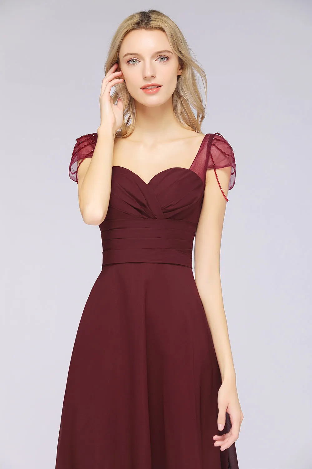 A-Line Chiffon Sweetheart Ruffle Long Bridesmaid Dress with Beadings