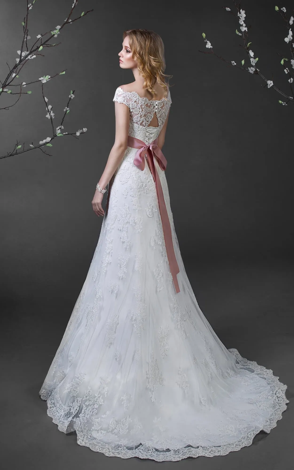 A-Line Floor-Length Off-The-Shoulder Cap-Sleeve Illusion Lace Dress With Appliques And Waist Jewellery-714554