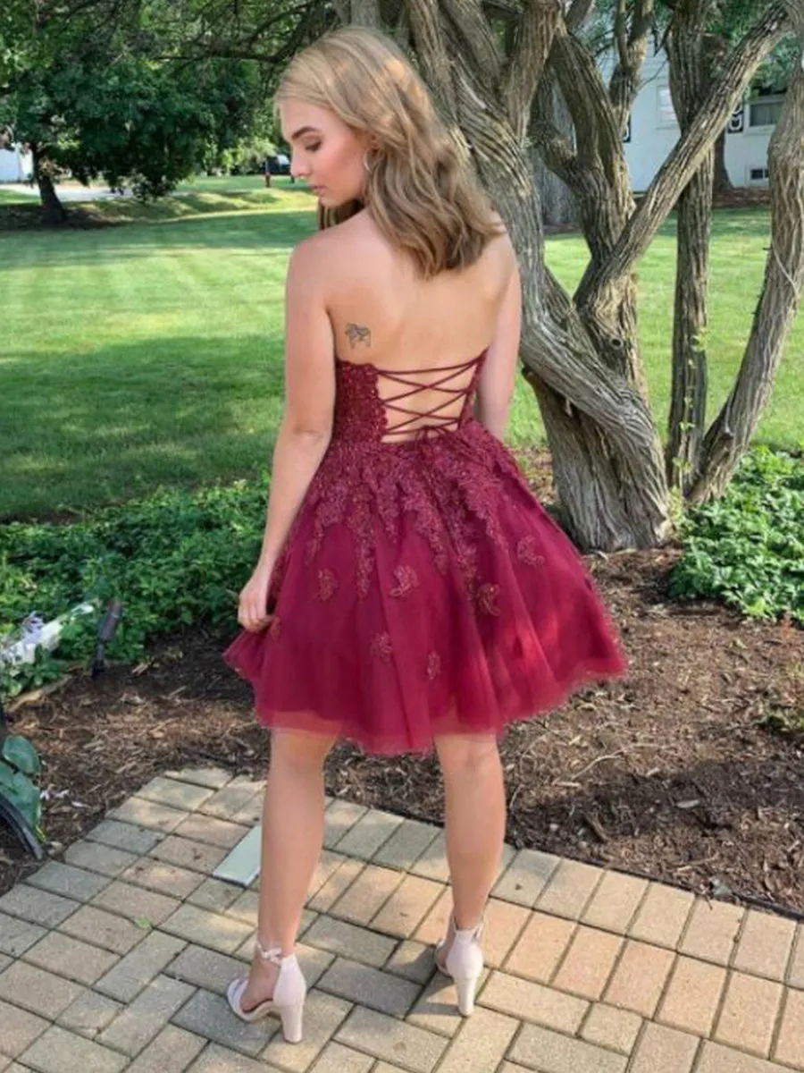 A Line Halter Neck Cross Back Burgundy Lace Short Prom Dresses Homecoming Dresses, Burgundy Lace Formal Graduation Evening Dresses