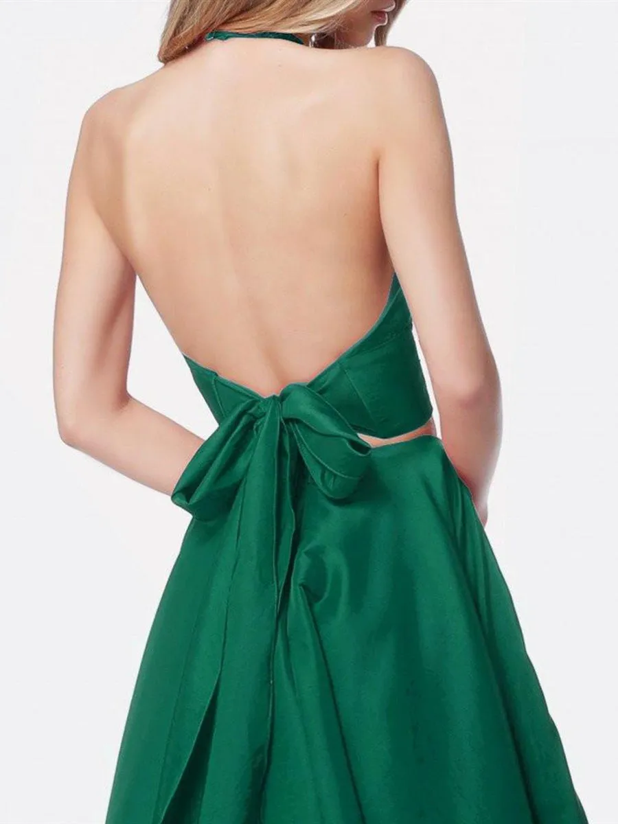 A Line Halter V Neck Two Pieces Backless Green Prom Dresses with Pocket, Two Pieces Green Formal Dresses, Evening Dresses