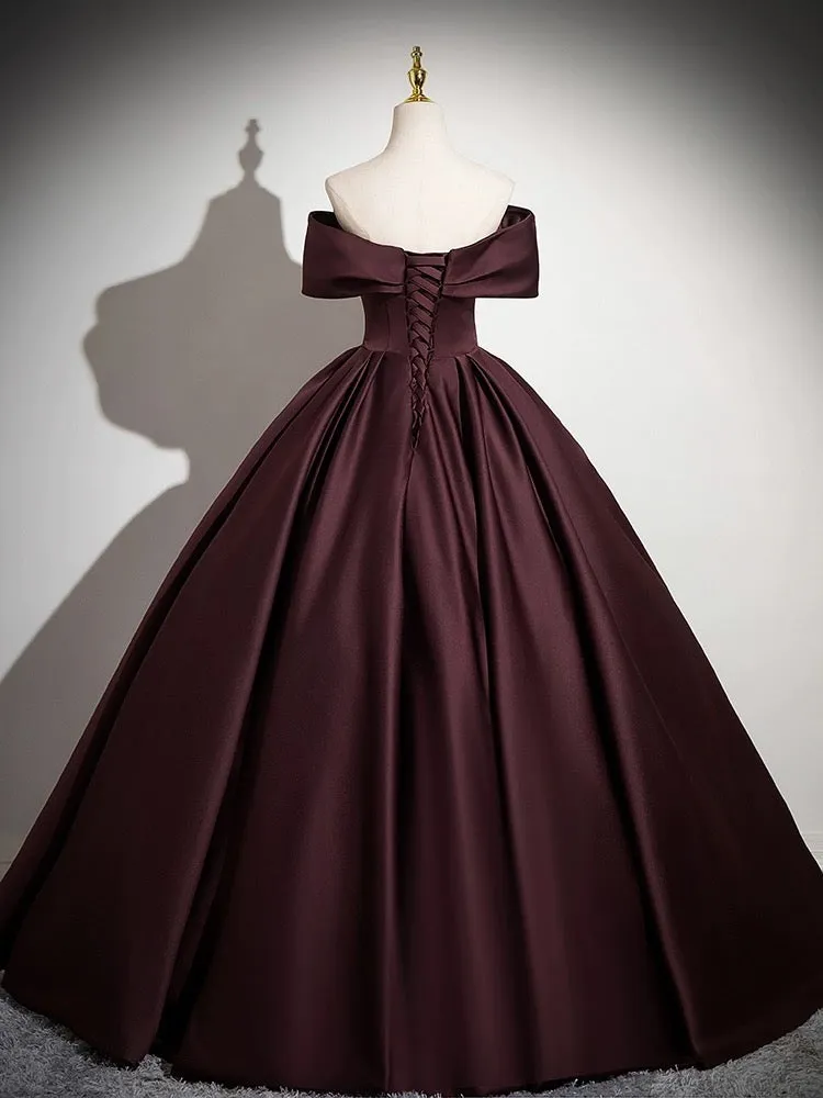 A-Line Off the Shoulders Satin Maroon Long Prom Dress, Maroon Long Formal Dress