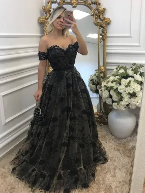 A-line Off the Shouler Black Tulle Long Prom Dresses with Appliques Lace