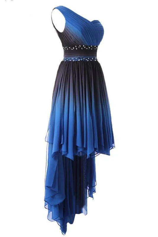 A Line One Shoulder Ombre Chiffon Blue Ruffles Prom Dresses Homecoming Dresses