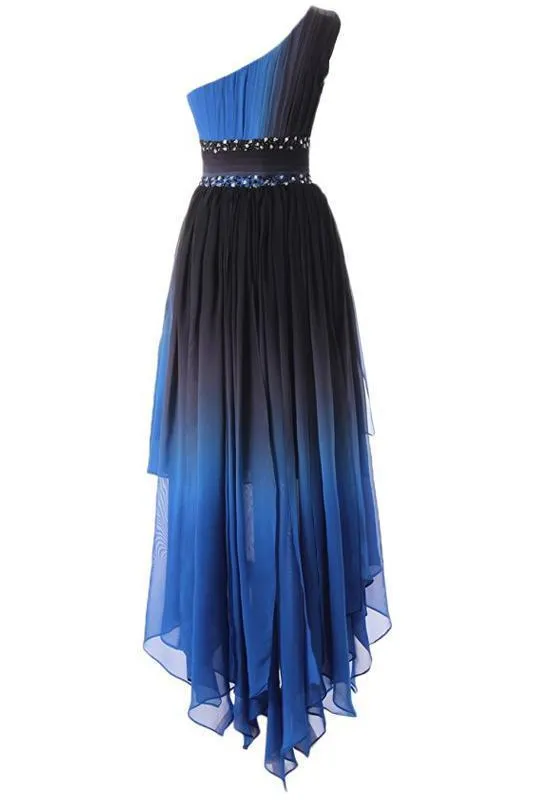 A Line One Shoulder Ombre Chiffon Blue Ruffles Prom Dresses Homecoming Dresses