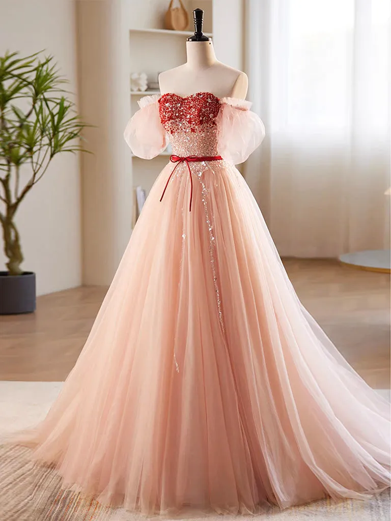 A-Line Sweetheart Neck Sequin Tulle Pink Long Prom Dress, Pink Formal Dress