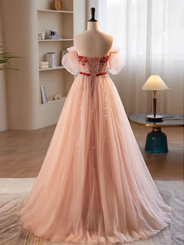 A-Line Sweetheart Neck Sequin Tulle Pink Long Prom Dress, Pink Formal Dress