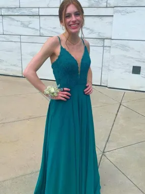 A Line V Neck Green Lace Chiffon Long Prom Dresses, Open Back Green Formal Graduation Evening Dresses, Green Lace Bridesmaid Dresses SP2383