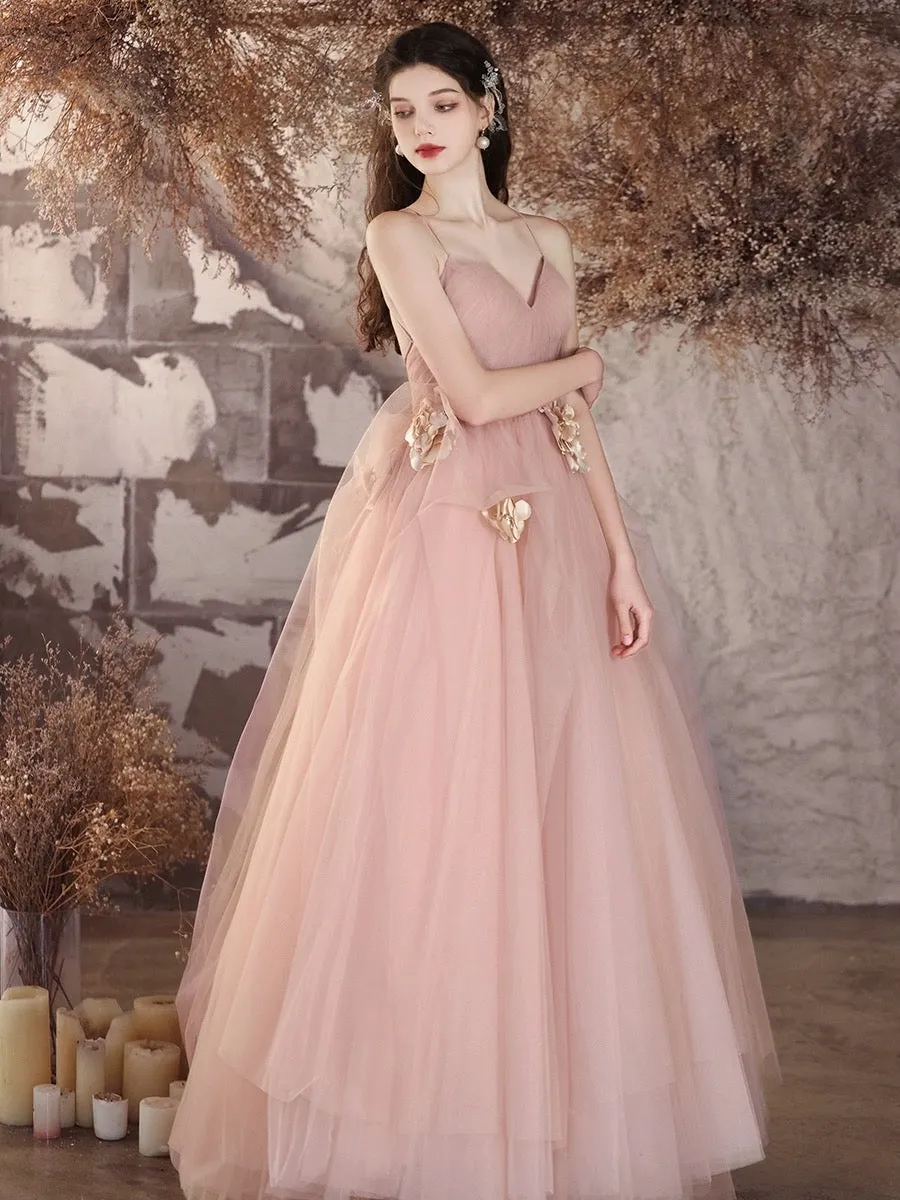 A-Line V Neck Tulle Flower Pink Long Prom Dress, Pink Long Evening Dress