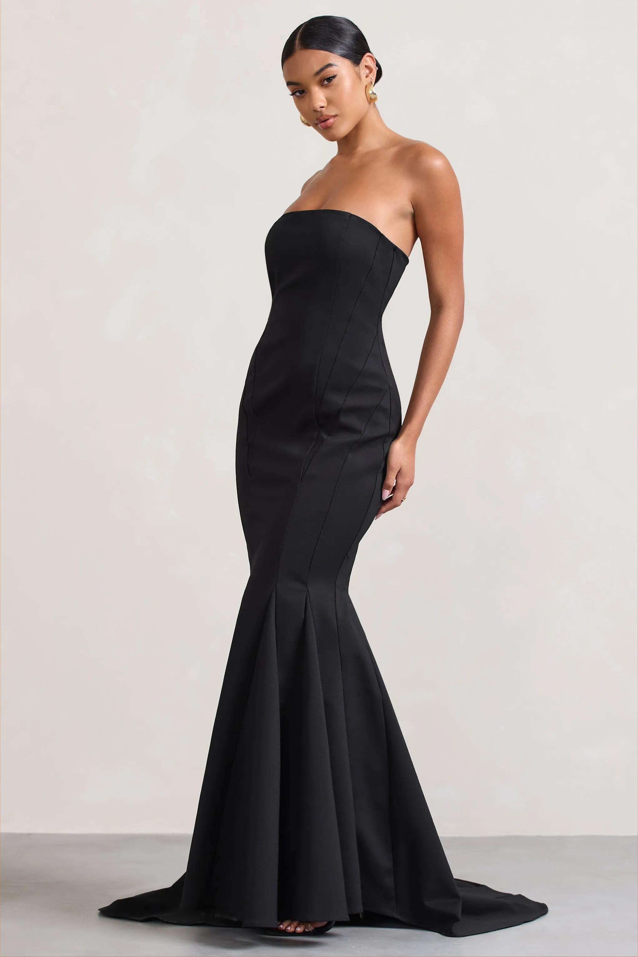 Adored | Black Strapless Structured Fishtail Maxi Dress