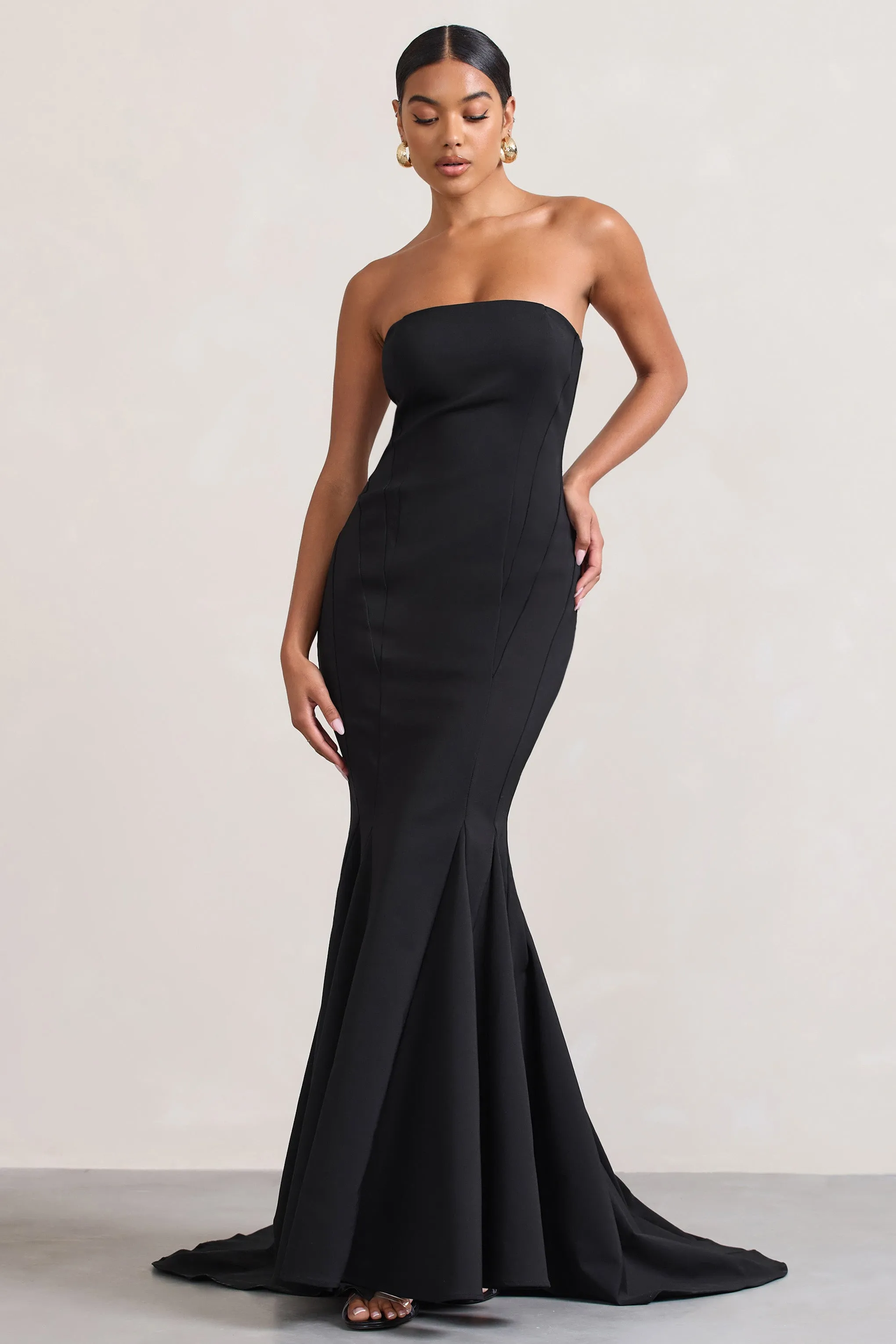 Adored | Black Strapless Structured Fishtail Maxi Dress