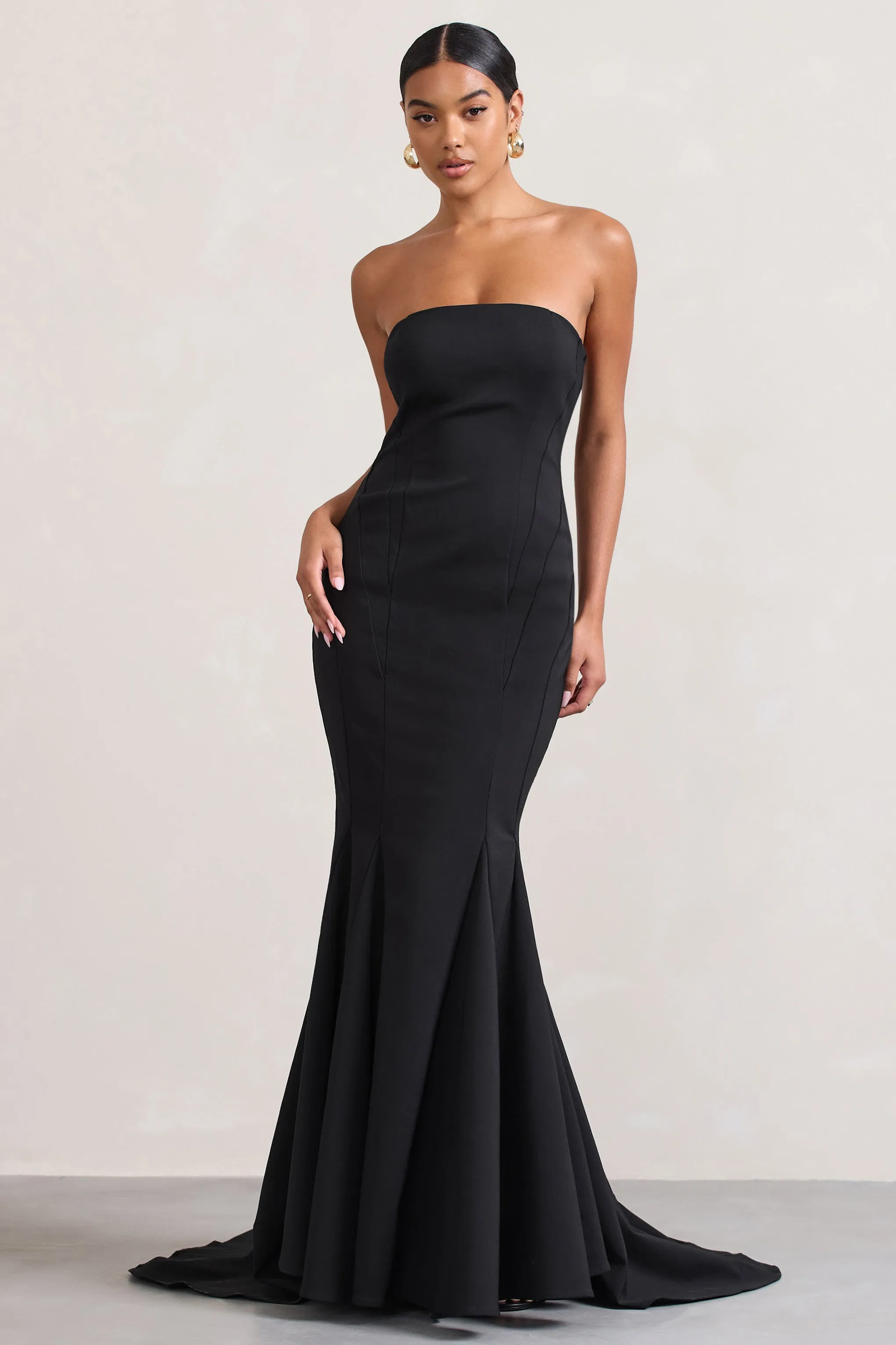 Adored | Black Strapless Structured Fishtail Maxi Dress