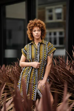 African Shirt Dress In Earthy Mud Cloth