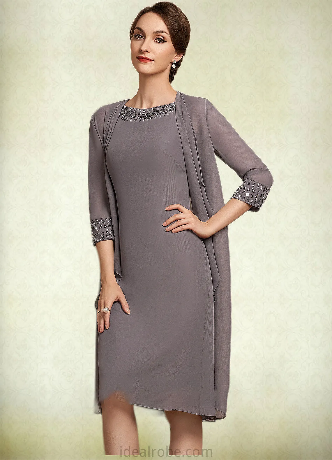 Alicia A-Line Scoop Neck Knee-Length Chiffon Mother of the Bride Dress With Beading STK126P0014654