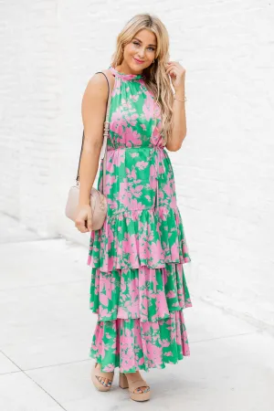 An Inspiration Green and Pink Printed Satin Halter Maxi Dress FINAL SALE