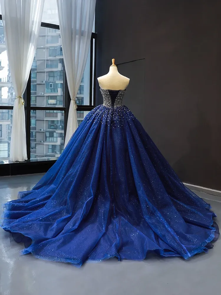 Ball Gown Plus Size Prom Dress Vintage Tulle Royal Blue Quinceanera Dress #ER2014