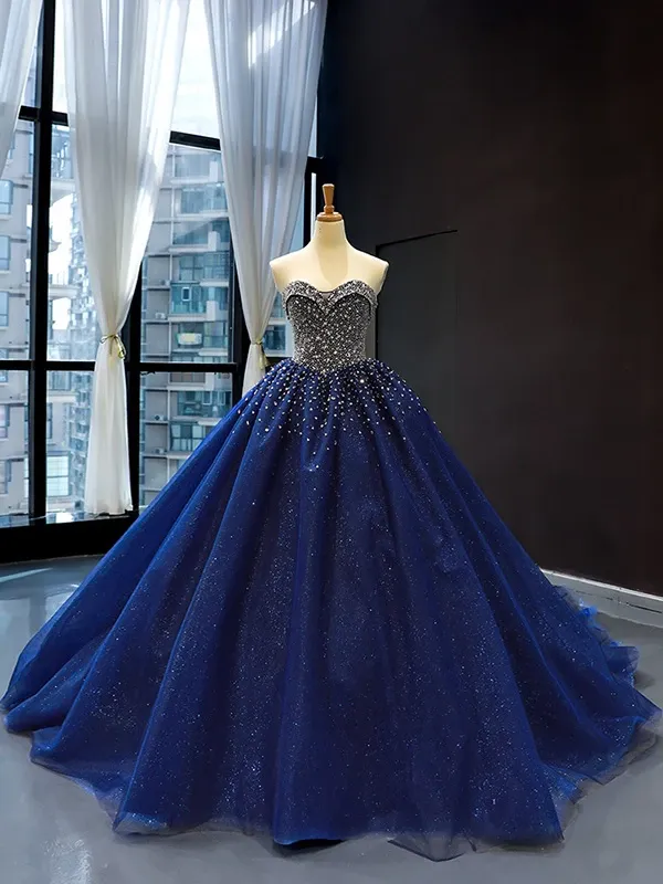 Ball Gown Plus Size Prom Dress Vintage Tulle Royal Blue Quinceanera Dress #ER2014