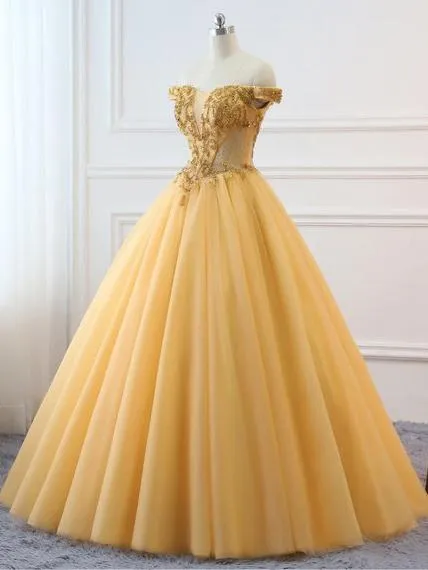 Ball Gown Vintage Prom Dress Plus Size Off The Shoulder Gold Prom Dress #ER282