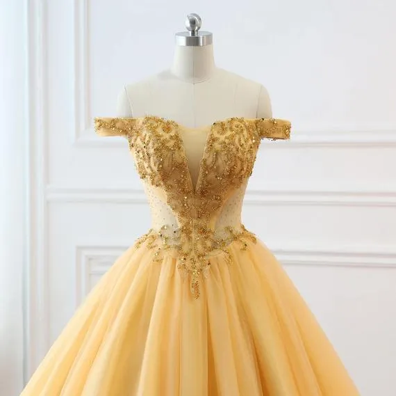 Ball Gown Vintage Prom Dress Plus Size Off The Shoulder Gold Prom Dress #ER282