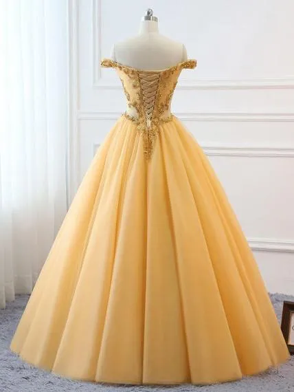 Ball Gown Vintage Prom Dress Plus Size Off The Shoulder Gold Prom Dress #ER282