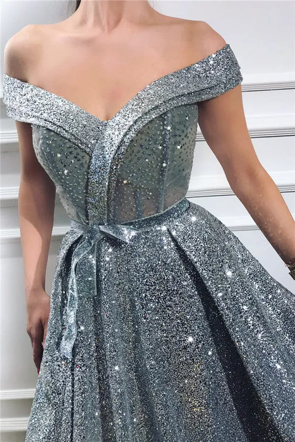 Beautiful Long A-line Off the Shoulder Sweetheart Sequined Prom Dress with Slit