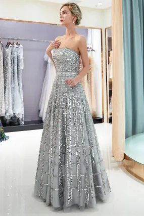 Beautiful Long A-line Strapless Glitter Evening Dresses