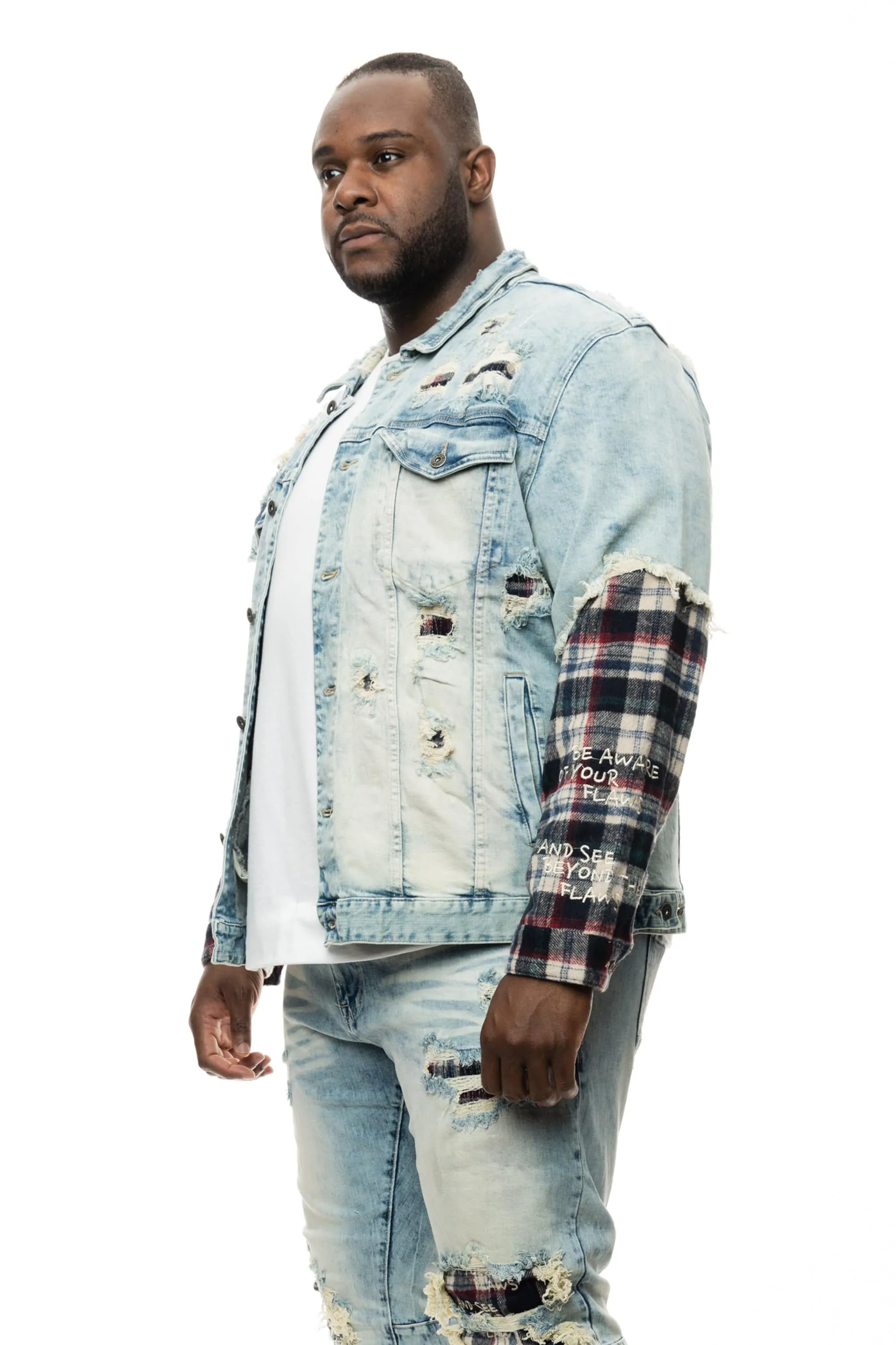 Big and Tall Plaid Mixed Media Jean Jacket - Mojave Blue