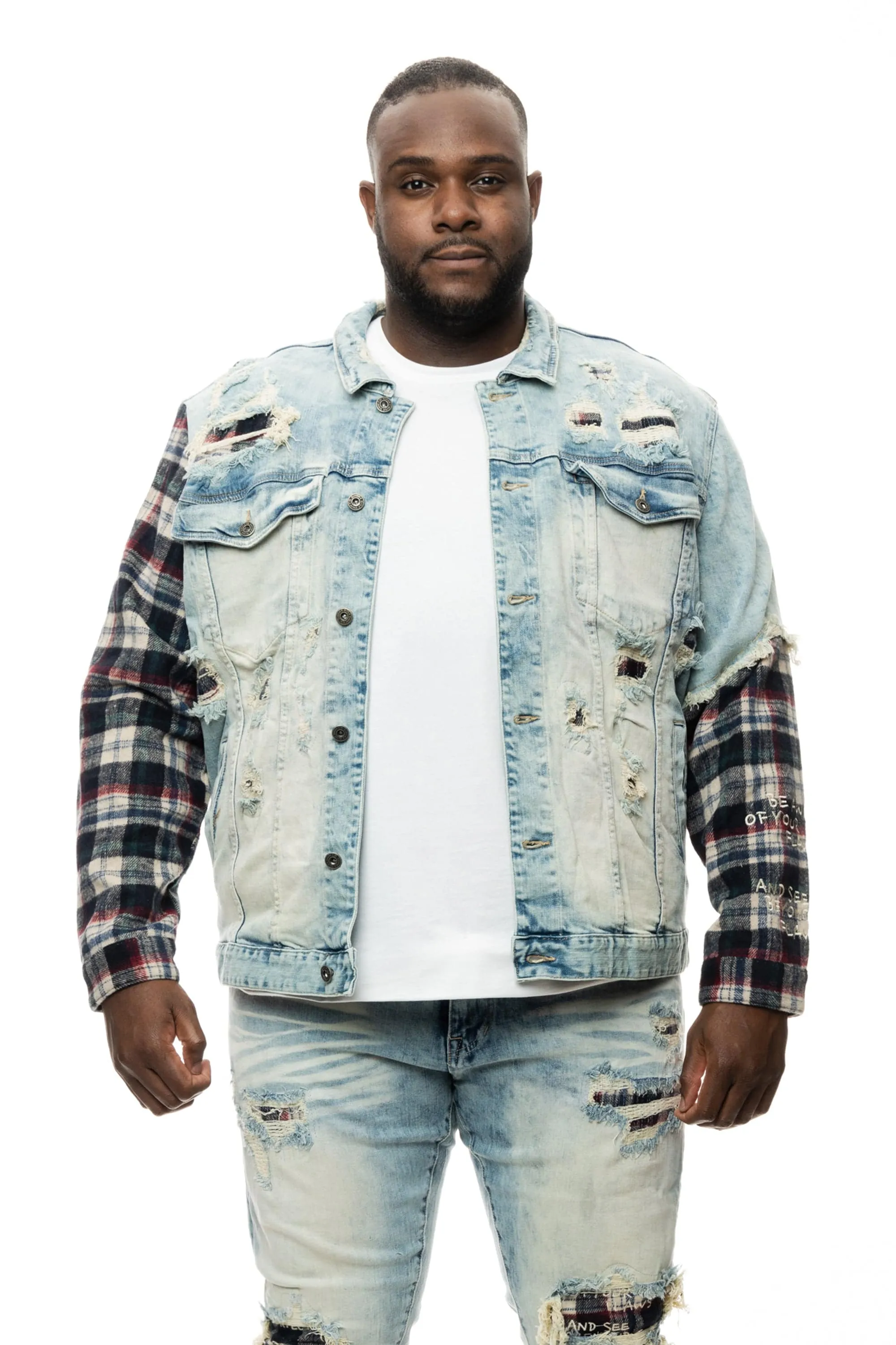 Big and Tall Plaid Mixed Media Jean Jacket - Mojave Blue