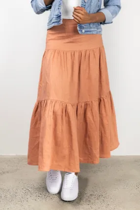 Blazing Toffee Linen Tiered Midi Skirt