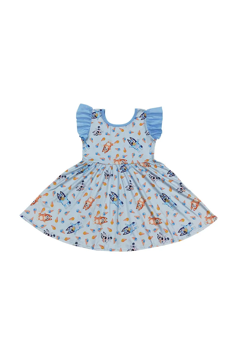 Blue character print ruffle dress