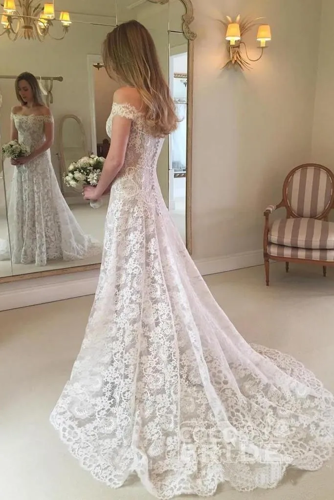 Boho Long Mermaid Off the Shoulder Lace Wedding Dress