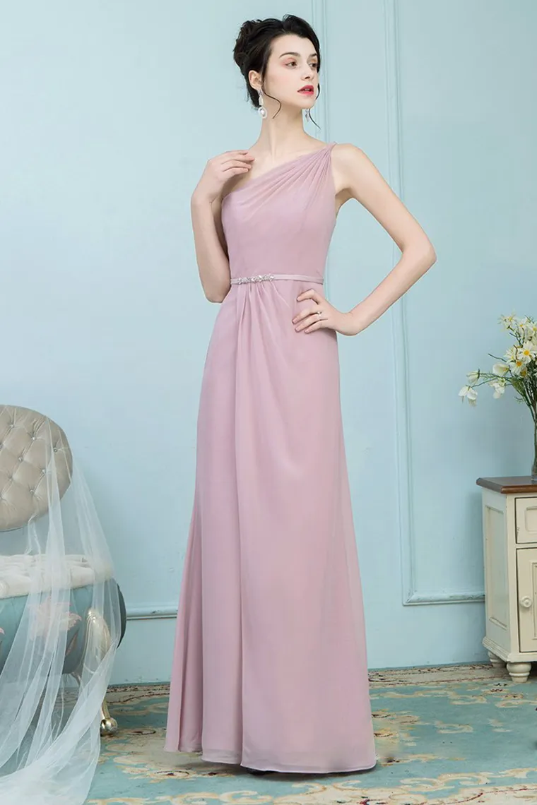 Brenna Floor Length One Shoulder Natural Waist Sheath/Column Chiffon Sleeveless Bridesmaid Dresses