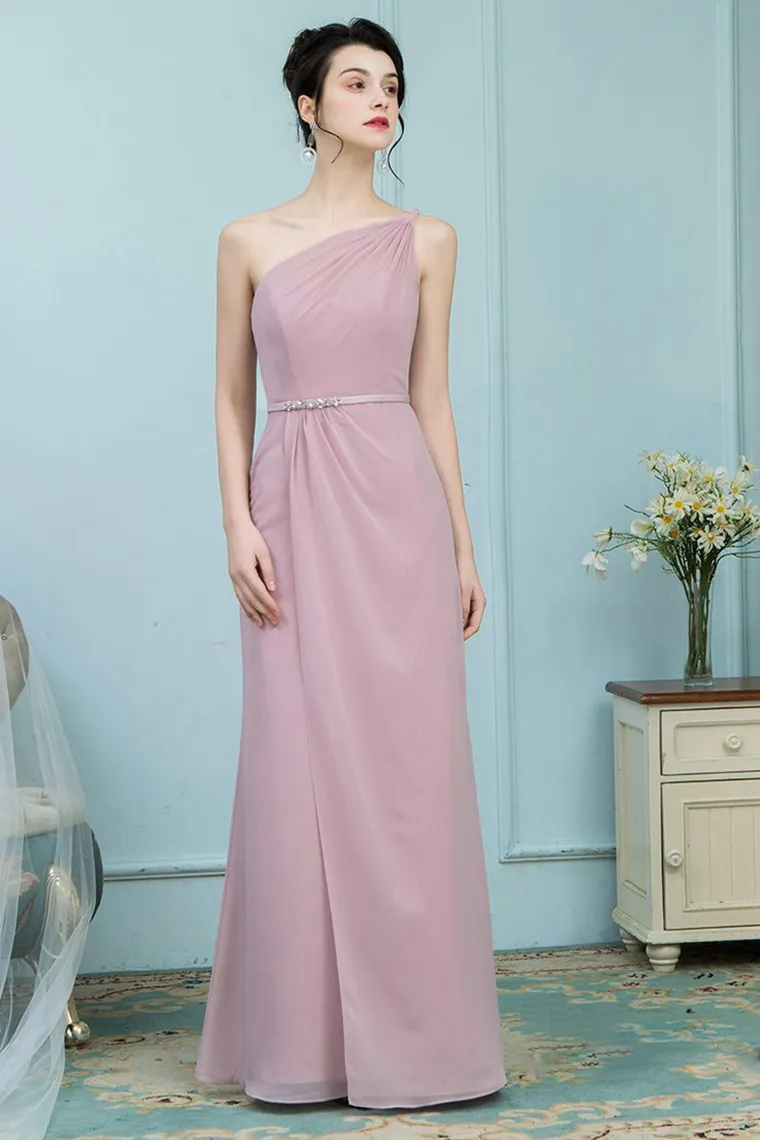 Brenna Floor Length One Shoulder Natural Waist Sheath/Column Chiffon Sleeveless Bridesmaid Dresses