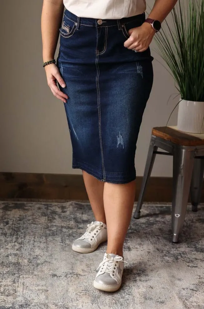 Brown Line Stitching Midi Denim Skirt