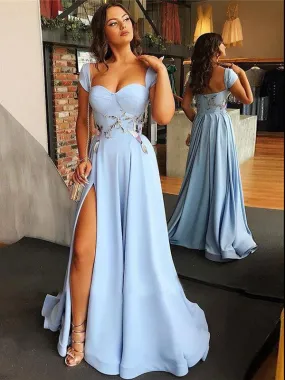 Cap Sleeves Blue Evening Dress Cheap Side Slit Chiffon Prom Dresses ER2019