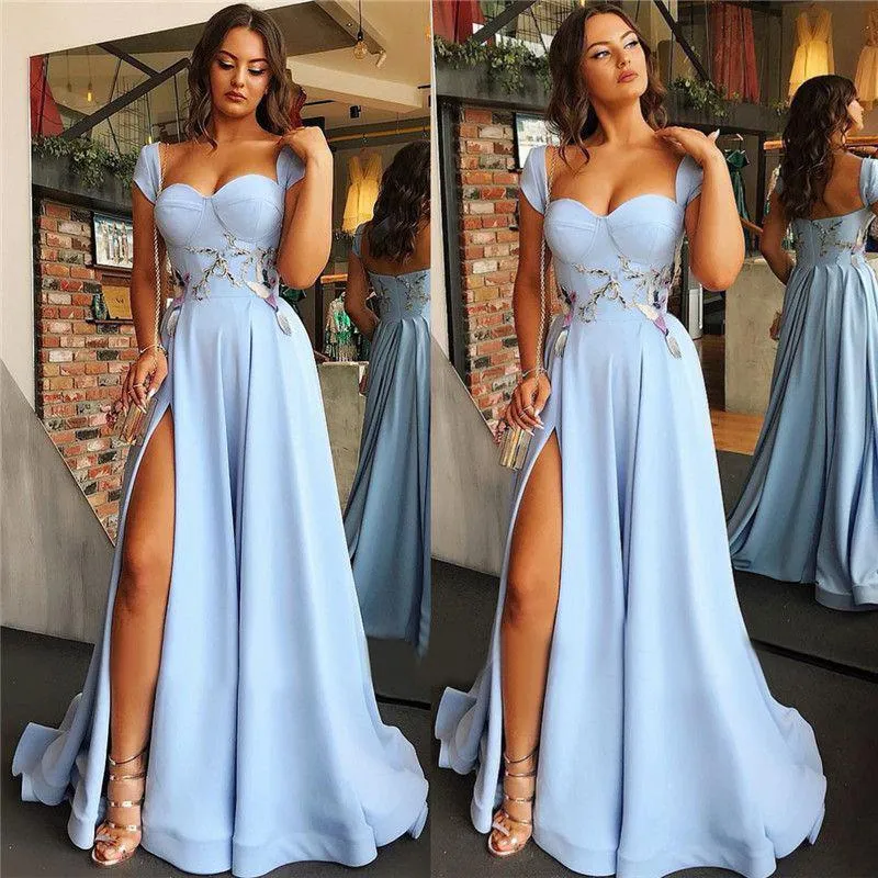 Cap Sleeves Blue Evening Dress Cheap Side Slit Chiffon Prom Dresses ER2019