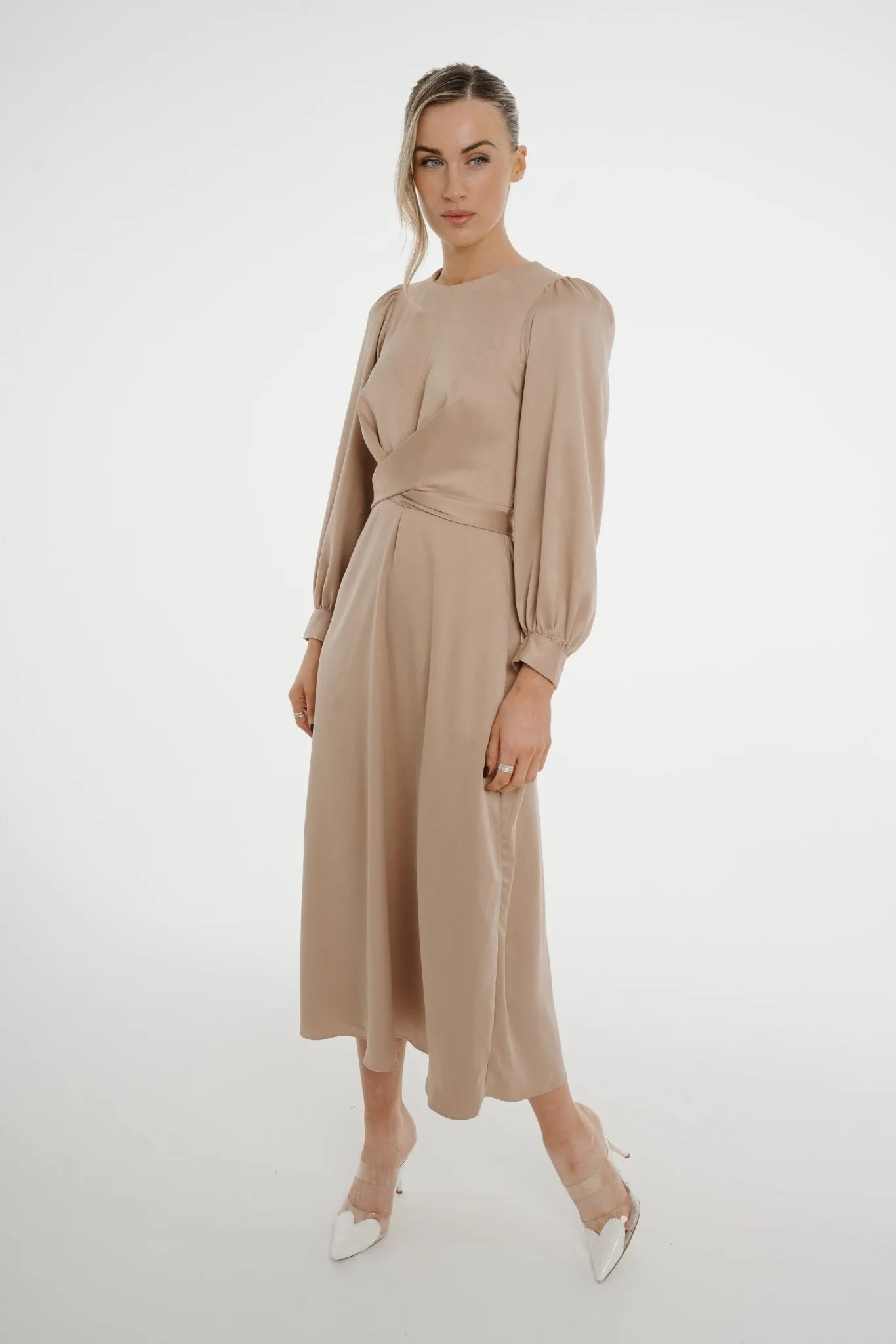 Celine A-Line Satin Mix Dress In Mocha