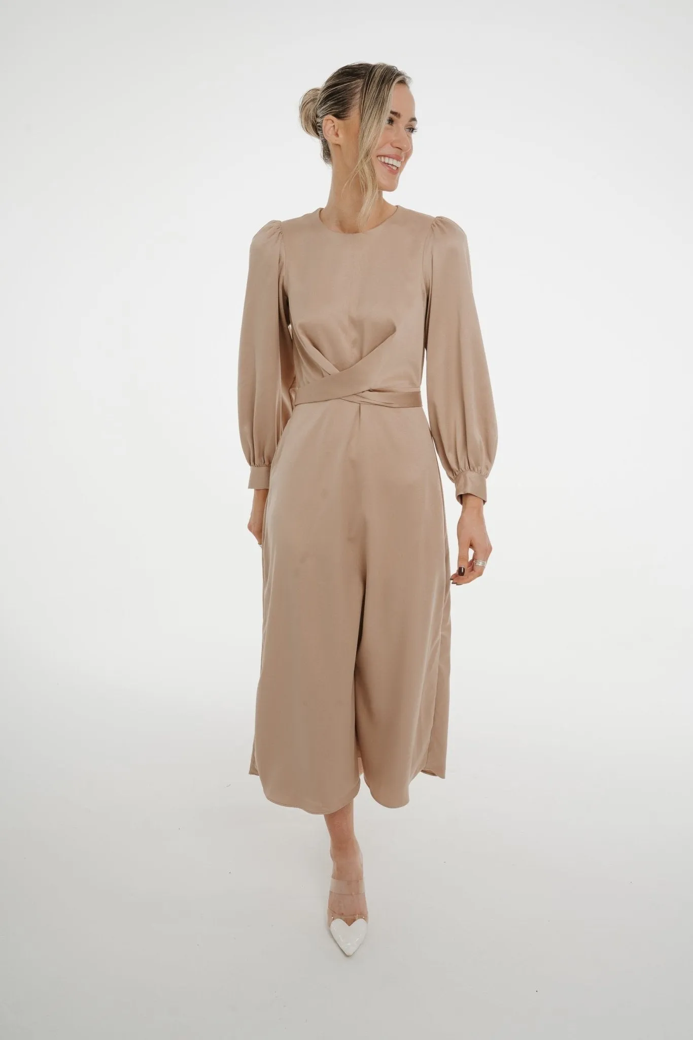 Celine A-Line Satin Mix Dress In Mocha