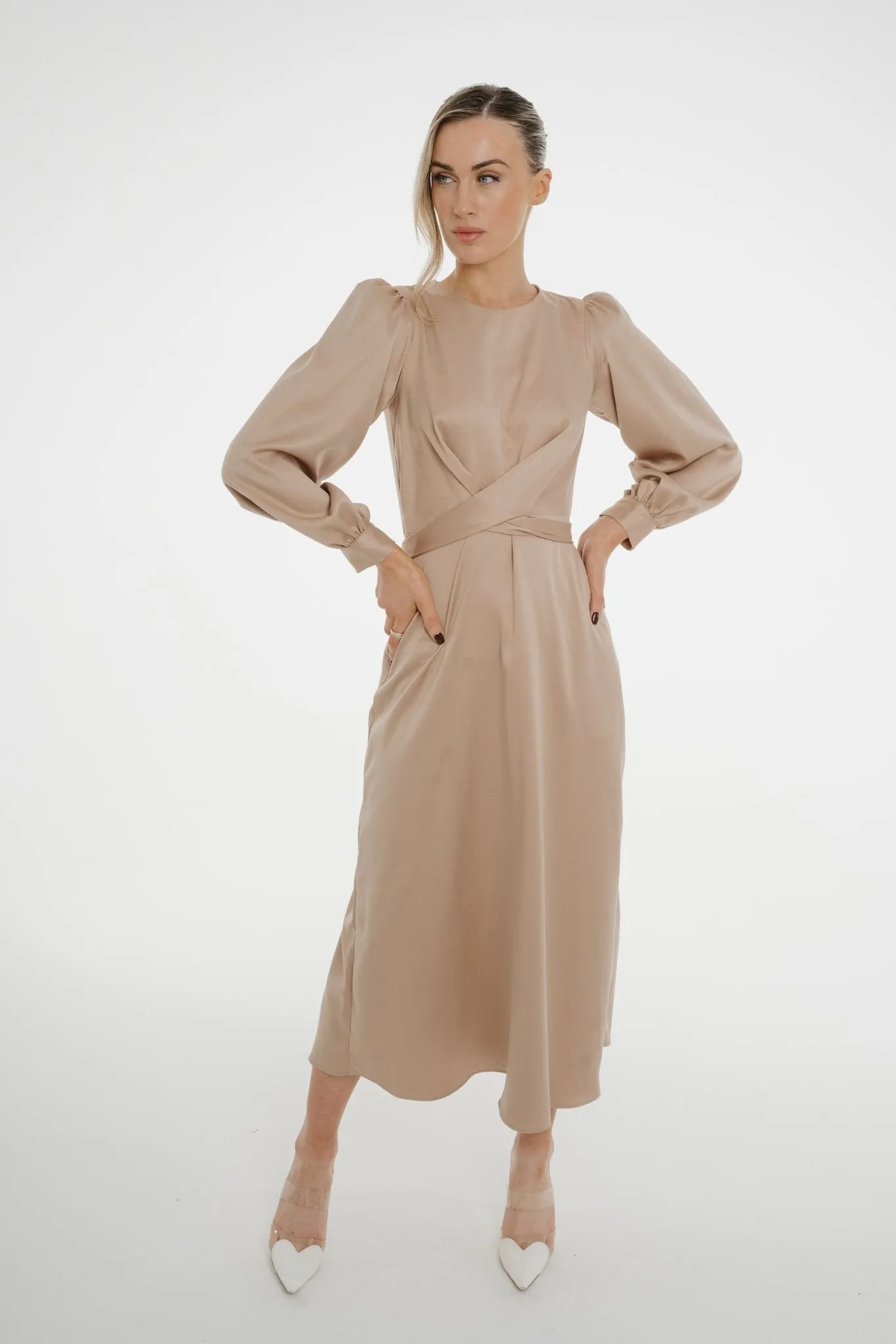 Celine A-Line Satin Mix Dress In Mocha