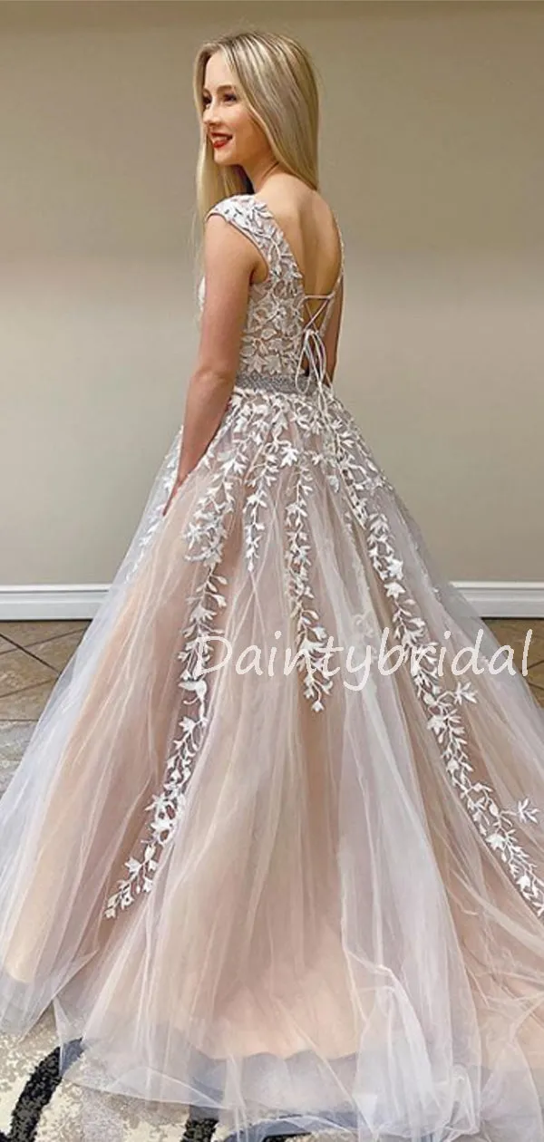 Charming Scoop Neck A-line Tulle Long Prom Dresses Evening Dresses.DB10608