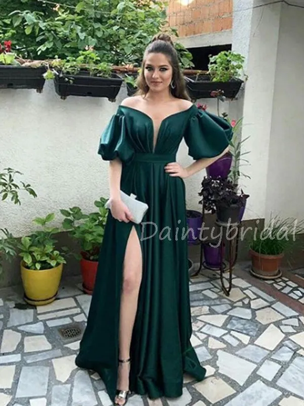 Charming V-neck A-line Side Slit Long Prom Dresses Evening Dresses.DB10578