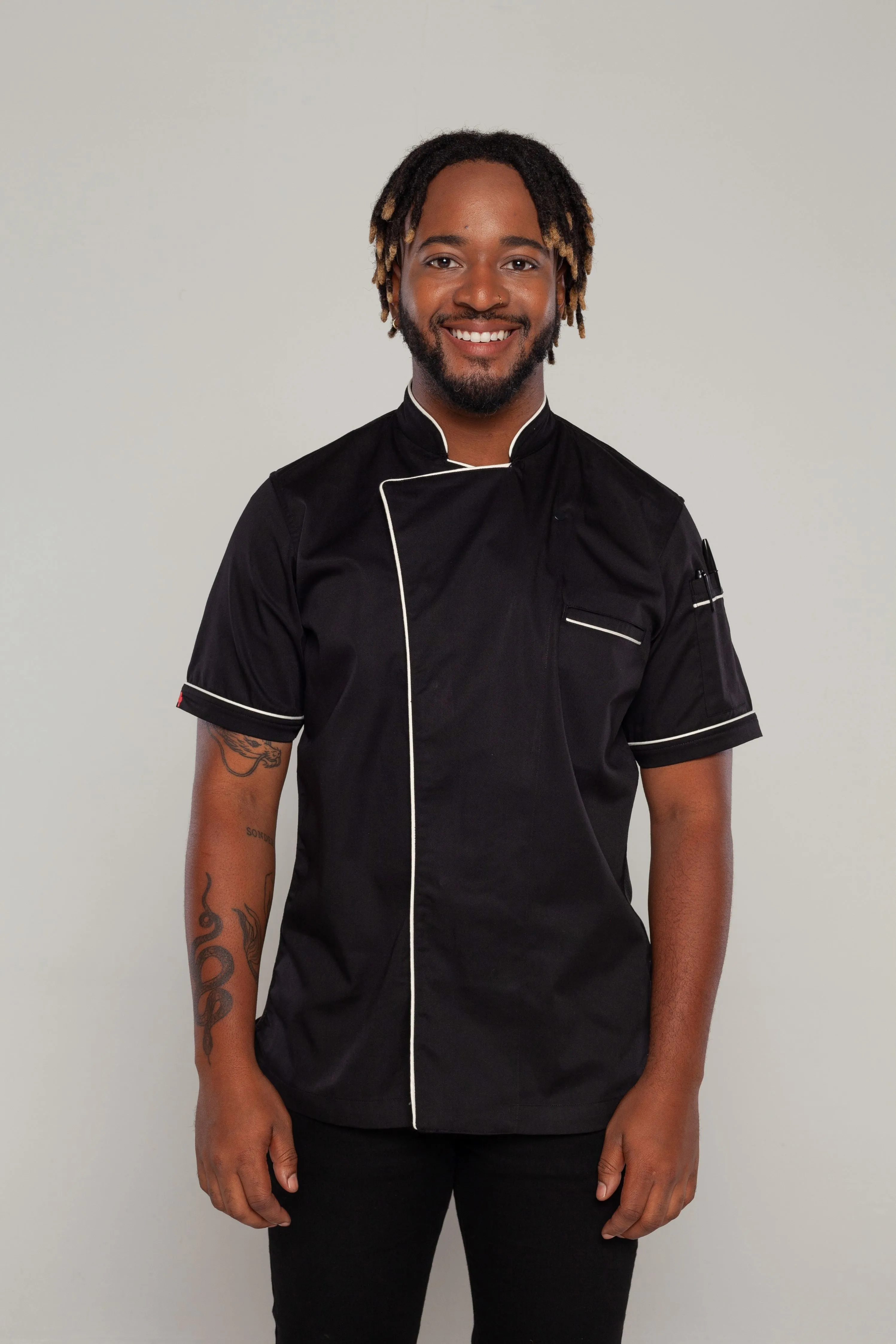 Chef jacket black with white trim and coolvent Bridge