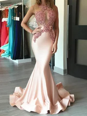 Chic Mermaid Pink Prom Dress Lace Cheap Prom Dress #ER163