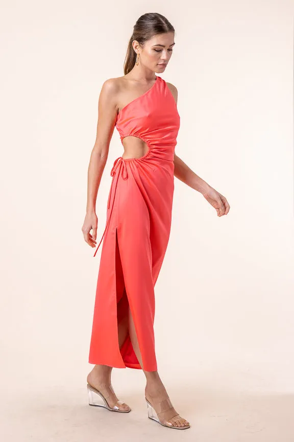 Della Cut Out Satin Slit One Shoulder Midi Dress